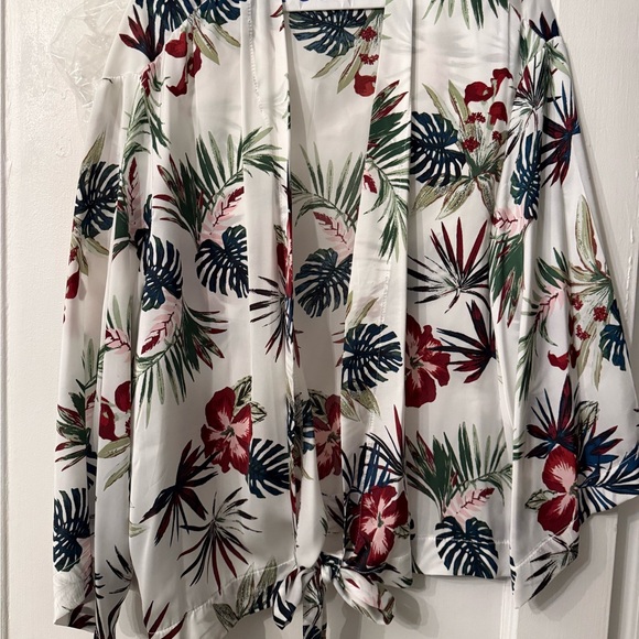 Tops - White Floral Tropical Tie-Front Kimono